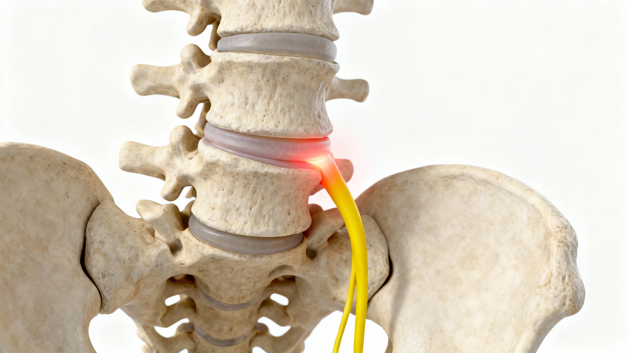 A 3D anatomical model showing the L5 and S1 vertebrae of the lower spine. A herniated disc is shown pressing on the L5 nerve root, causing inflammation.