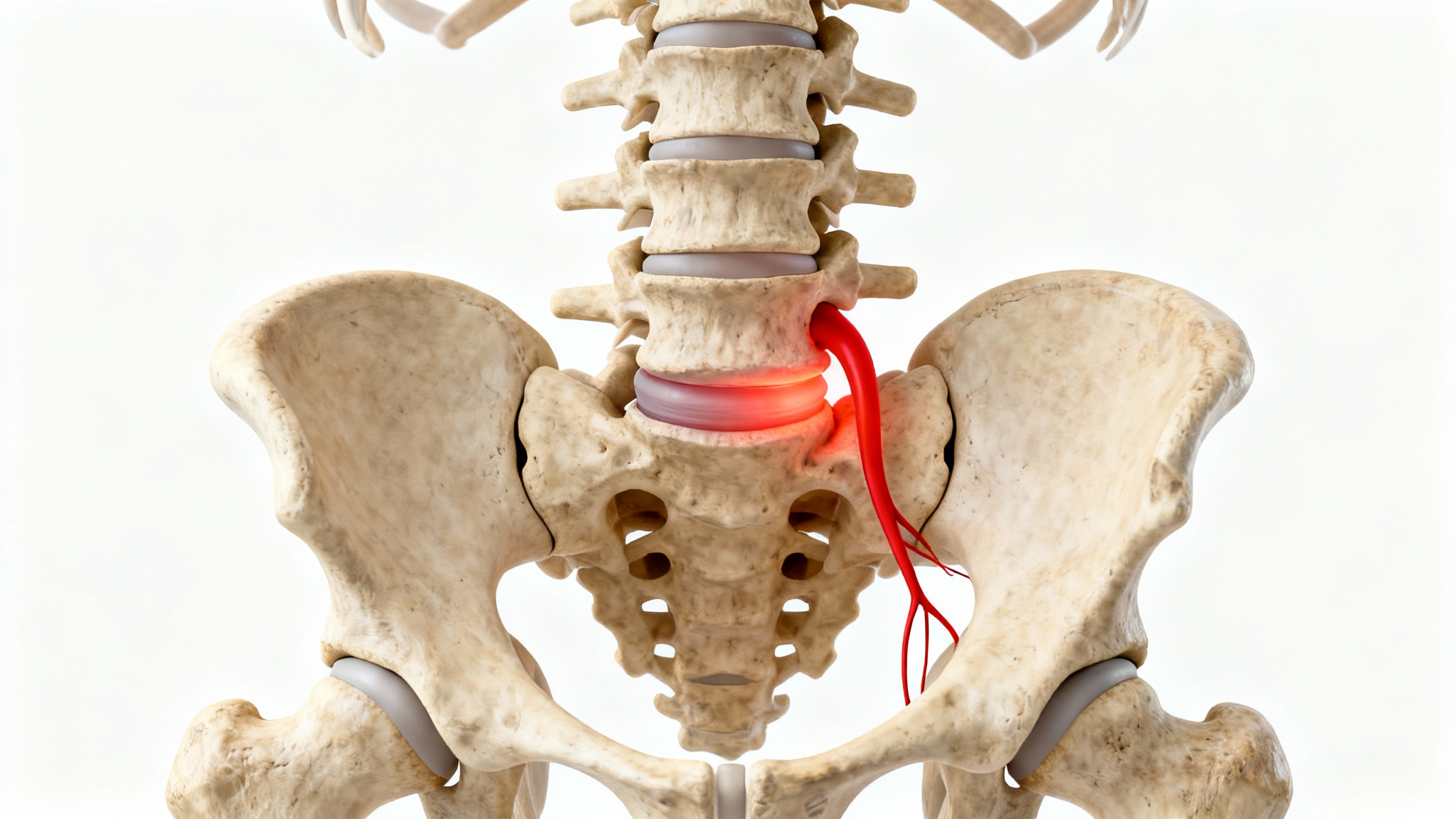 A 3D medical illustration of the L5-S1 vertebrae in the lower back, showing the L5 nerve root highlighted in red to signify compression and inflammation.