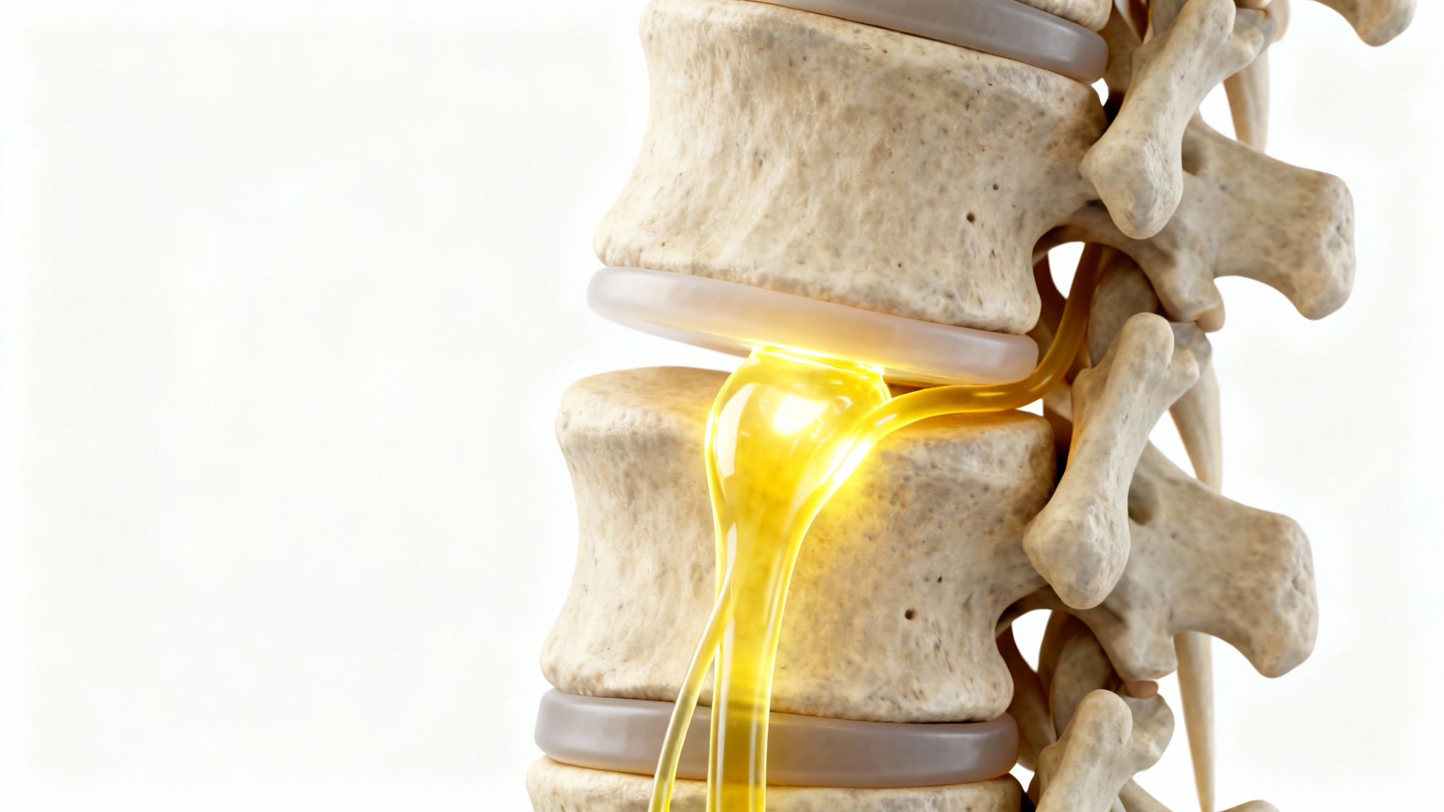A detailed 3D medical illustration showing the L5 and S1 vertebrae of the spine, with the L5 nerve root highlighted in yellow as it exits the spinal column, set against a plain white background.