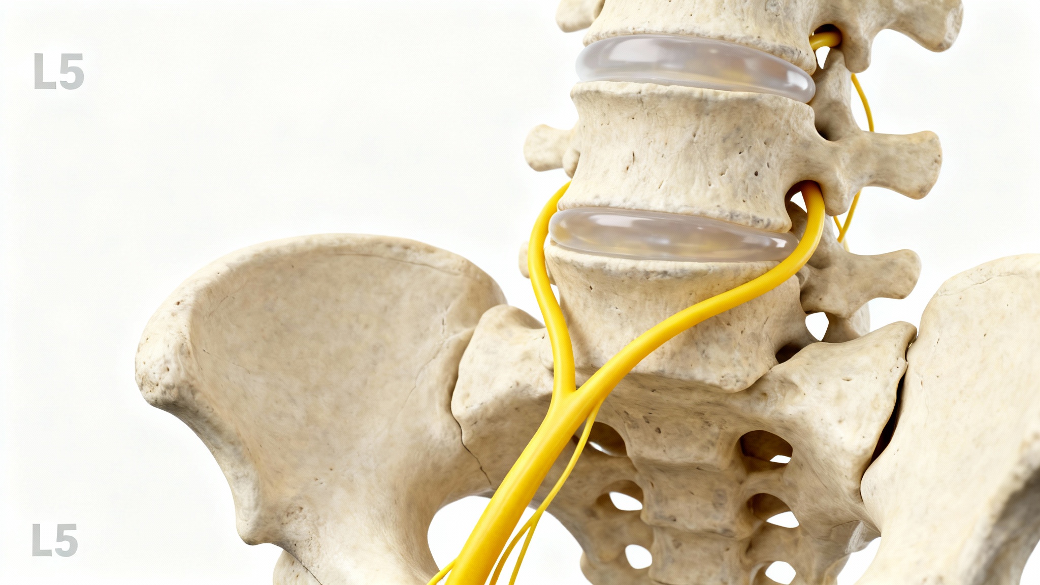 A detailed 3D medical illustration showing the L5 and S1 vertebrae of the lower spine, with the L5 nerve root highlighted in yellow as it exits the spinal column against a white background.