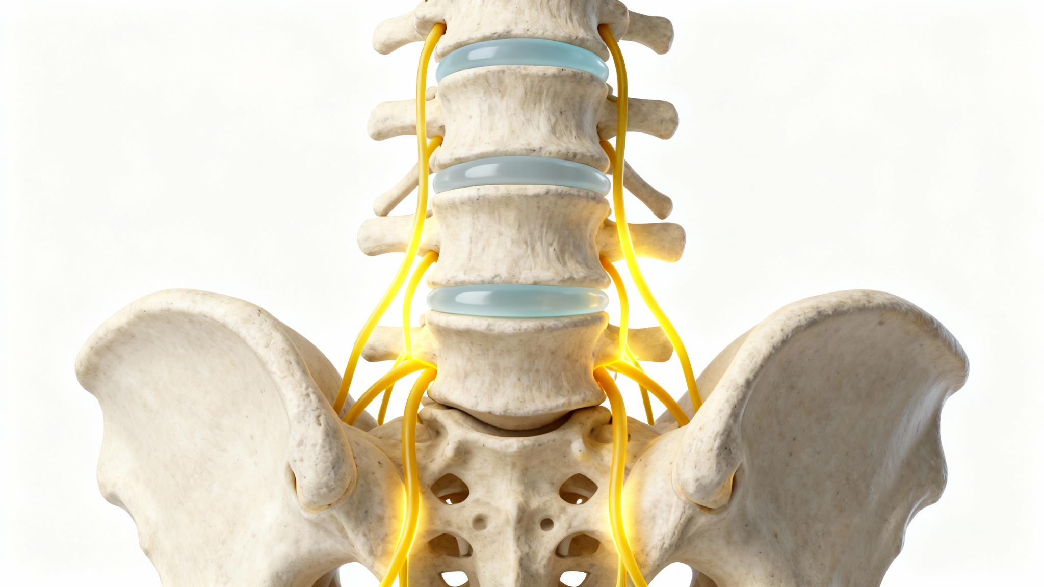 A detailed 3D medical illustration showing the L5 and S1 vertebrae and their corresponding nerve roots, highlighted in yellow, against a clean white background.
