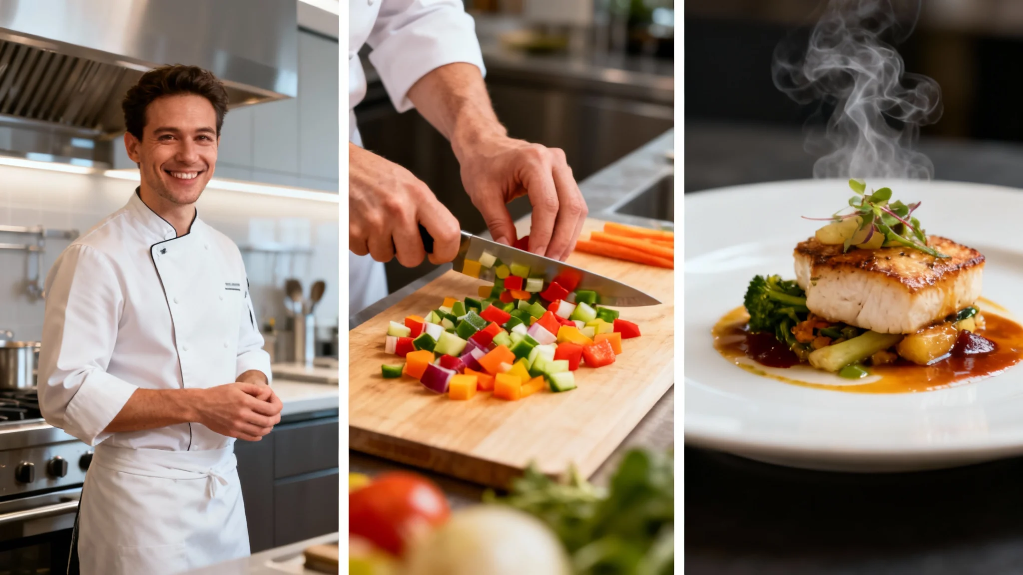 A 16:9 split-screen video frame showing a cooking tutorial. The screen is split into three vertical sections: the left shows a chef, the middle shows hands chopping vegetables, and the right shows the finished meal.