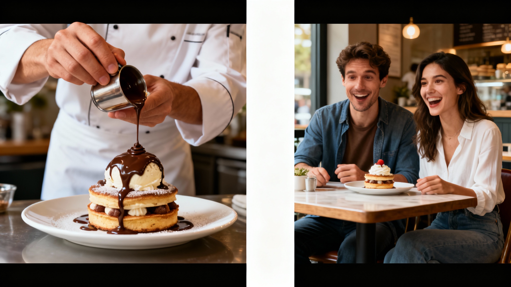 A split-screen image mockup against a white background. The left panel shows a close-up of a chef decorating a dessert, while the right panel shows a couple eagerly waiting for it.