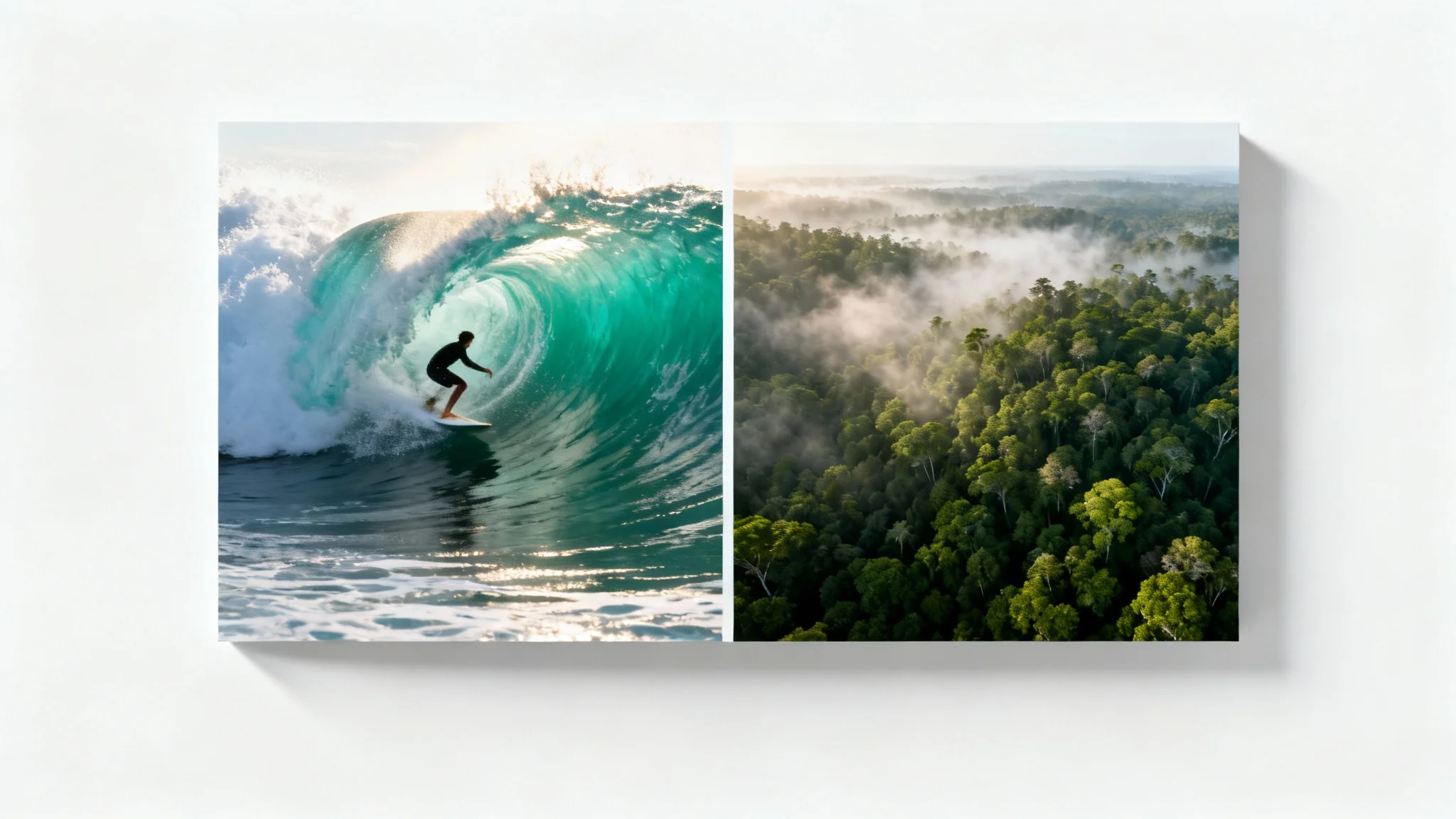 A mockup illustrating a split-screen video effect, with a surfer on a wave on the left side and an aerial view of a forest on the right side, set against a clean white background.