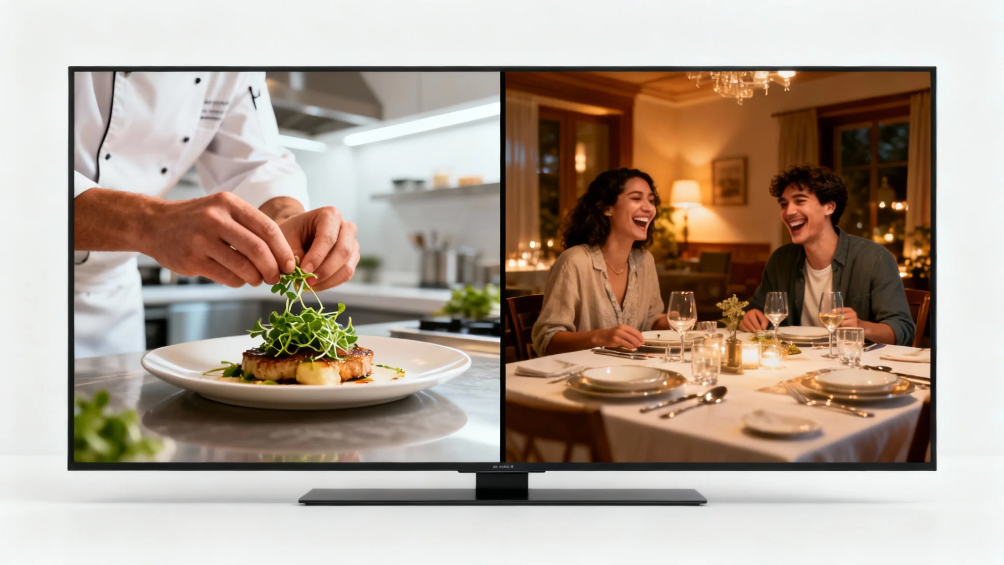 A mockup demonstrating a split-screen video effect. The left side shows a chef preparing a dish, and the right side shows people enjoying the meal, presented as a single cohesive image against a white background.