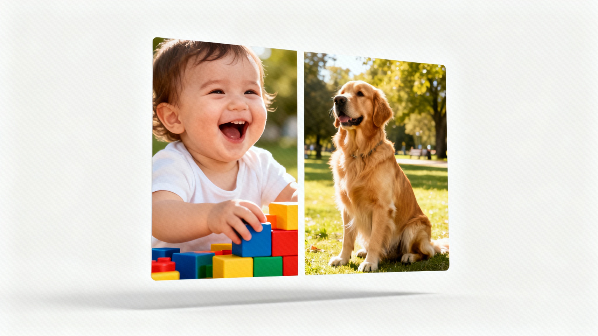 A conceptual image demonstrating a split-screen effect, with a laughing toddler on the left and a golden retriever in a park on the right, presented as two vertical panels on a white background.