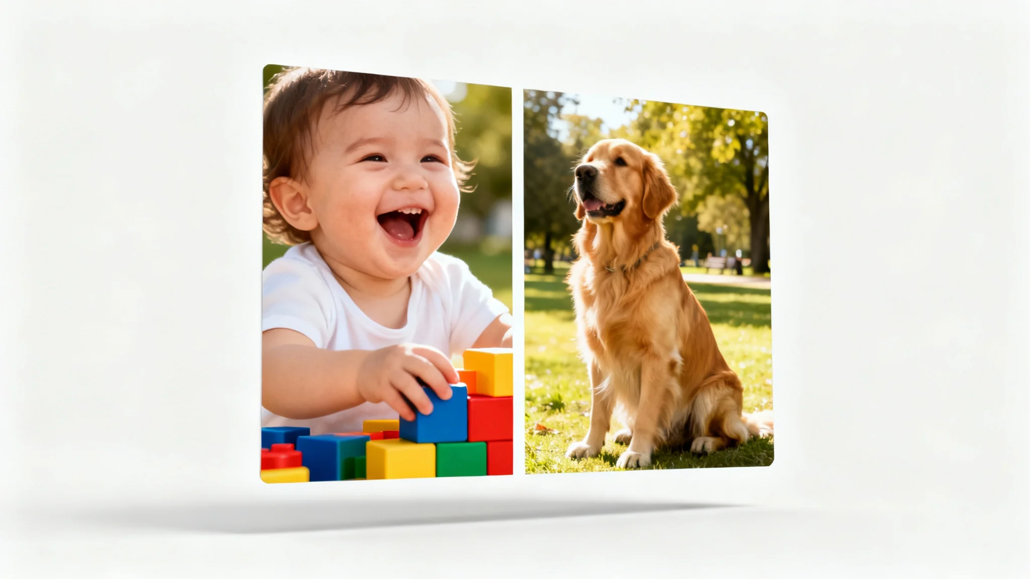 A conceptual image demonstrating a split-screen effect, with a laughing toddler on the left and a golden retriever in a park on the right, presented as two vertical panels on a white background.