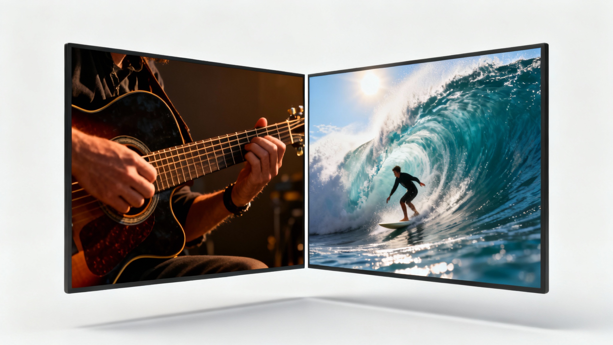A mockup of a split-screen video. The left side shows a close-up of hands playing a guitar, and the right side shows a surfer riding a wave, demonstrating a video editing effect.