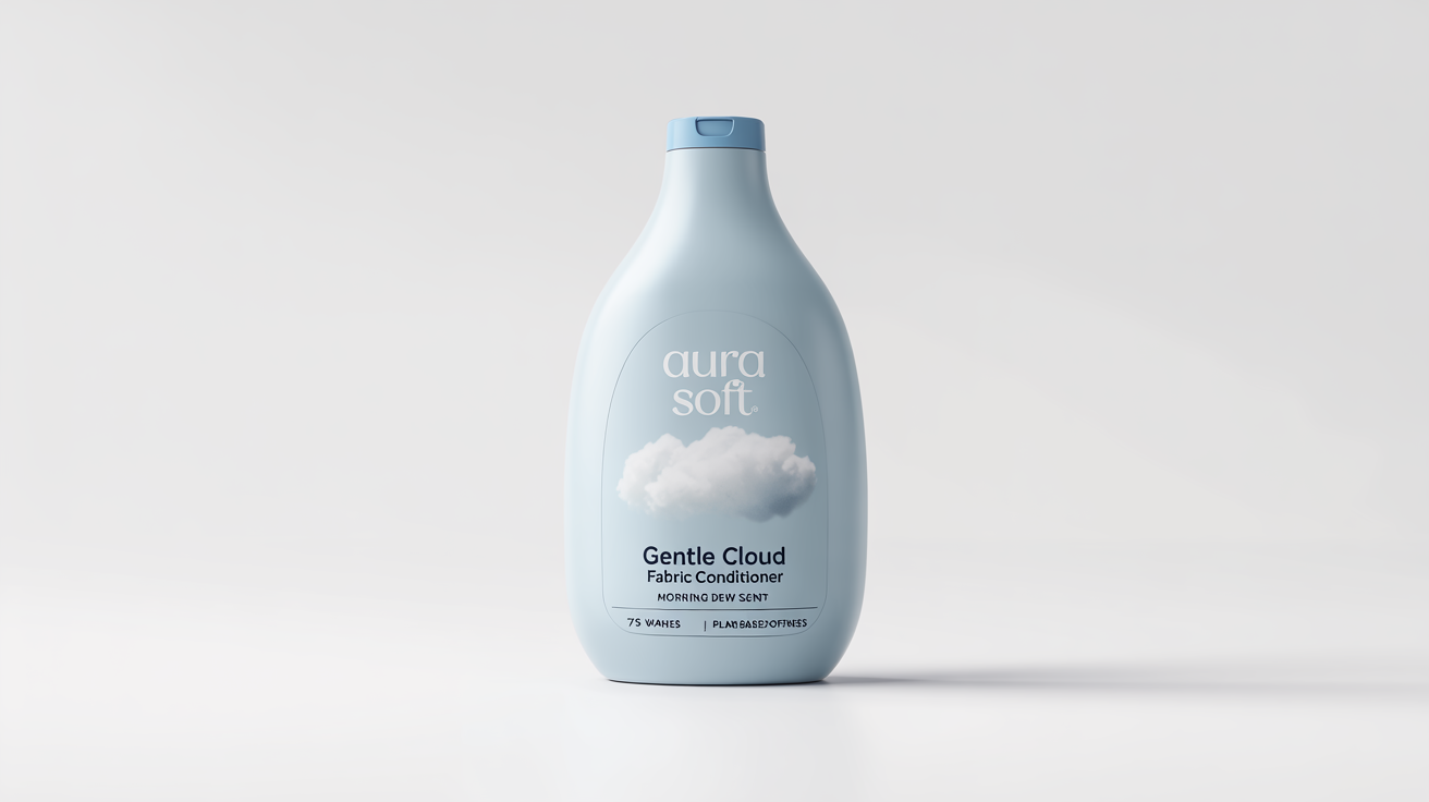 A photorealistic mockup of a sleek white fabric softener bottle with a light blue cap, featuring a label that reads 'Aura Soft' and 'Gentle Cloud Fabric Conditioner', set against a clean white background.