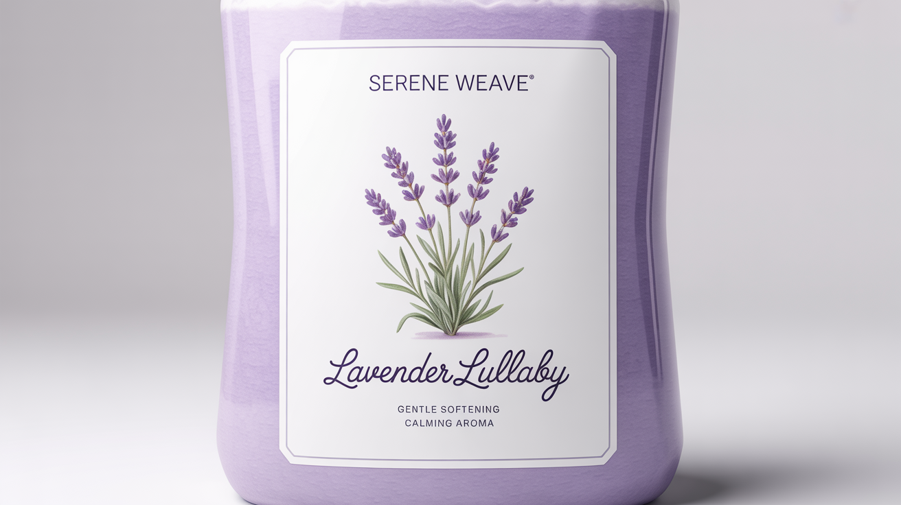 A premium fabric softener label design for a product named 'Lavender Lullaby' from the brand 'Serene Weave', featuring a lavender sprig illustration on a white background.