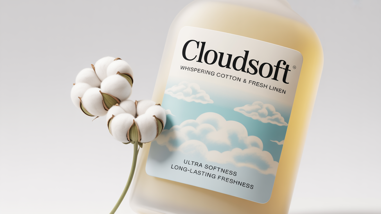 A product mockup of a fabric softener label for a brand named 'CloudSoft', featuring a serene design with clouds and a cotton flower on a pastel blue and white background.