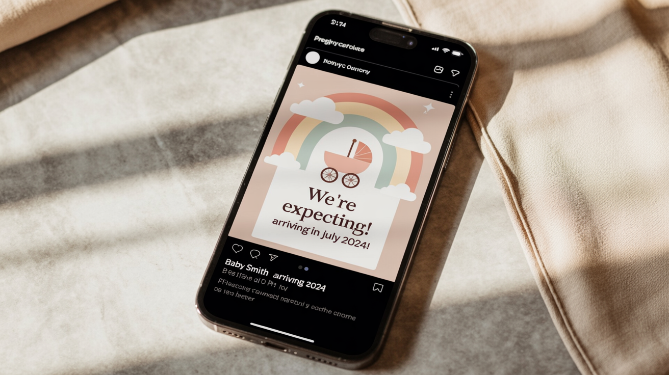 A smartphone screen displaying a beautifully designed pregnancy announcement on a social media feed. The announcement graphic features a pastel rainbow, a baby carriage, and text that says 'We're Expecting!' and 'Baby Smith arriving in July 2024!'.