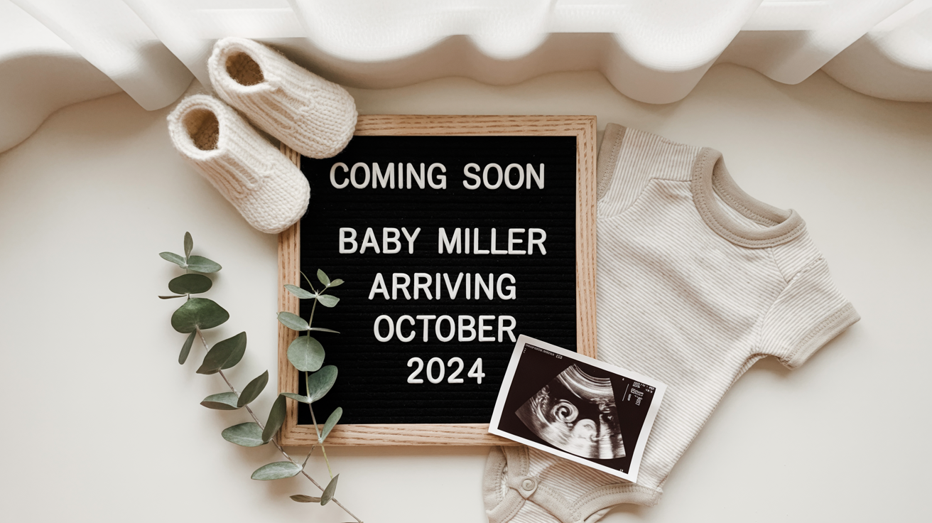 A flat lay pregnancy announcement featuring a letter board that reads 'Coming Soon, Baby Miller Arriving October 2024', an ultrasound photo, tiny baby booties, and a onesie on a white background.