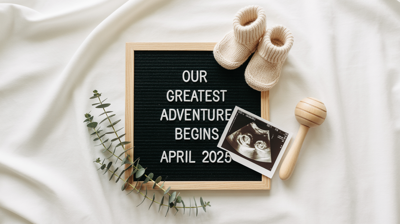 A top-down photo of a pregnancy announcement flat lay, featuring an ultrasound picture, tiny baby booties, a rattle, and a letter board that reads 'Our Greatest Adventure Begins April 2025' on a white background.