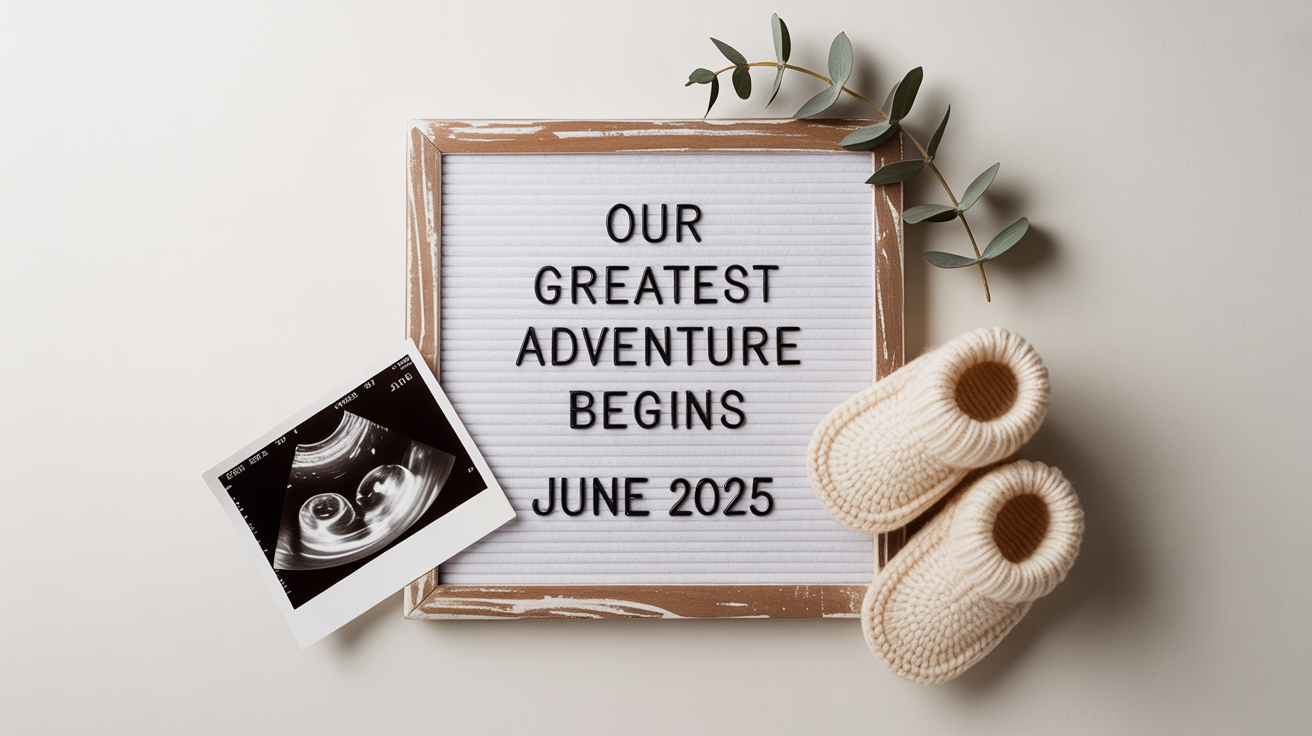 A modern flat lay pregnancy announcement mockup showing a letter board that says 'Our Greatest Adventure Begins June 2025', an ultrasound photo, and tiny baby booties on a white background.