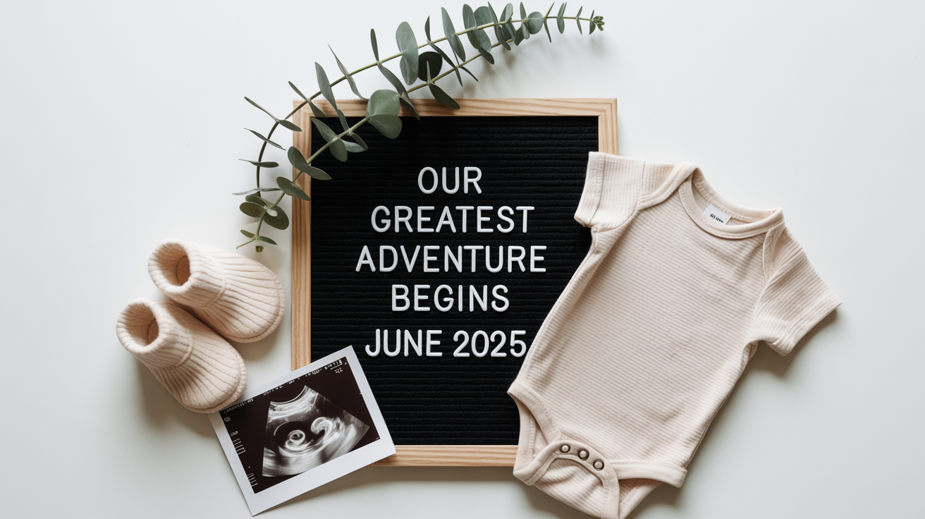 A flat lay photo of a modern pregnancy announcement on a white background, featuring a letter board that reads 'Our Greatest Adventure Begins June 2025', an ultrasound photo, tiny baby booties, and a onesie.