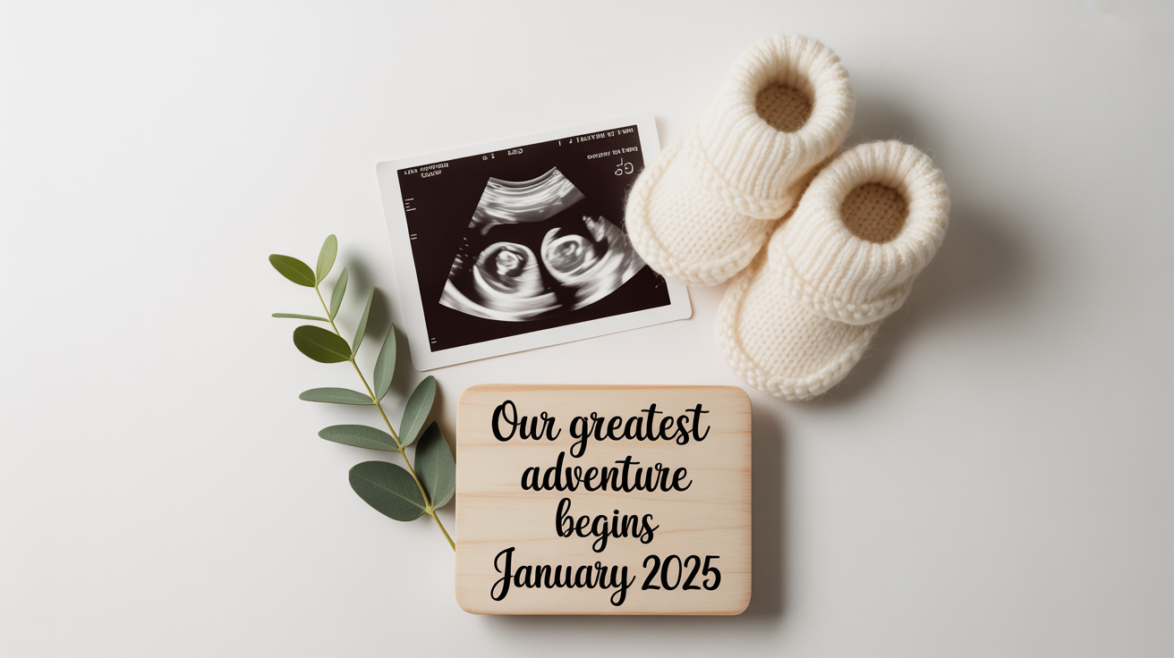A social media pregnancy announcement mockup showing a baby's ultrasound photo, tiny white booties, and a wooden sign that reads 'Our greatest adventure begins January 2025', all arranged on a white background.