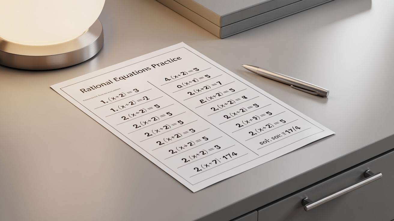 A professionally designed digital worksheet for rational equations, showing neatly organized columns of problems with their solutions, representing a polished final document.