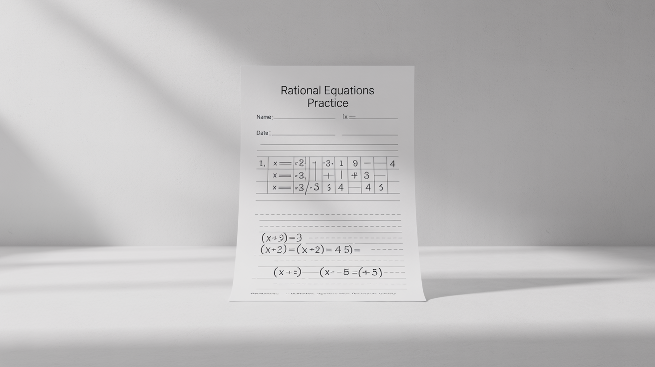A top-down view of a math worksheet titled 'Rational Equations Practice', showing several algebraic problems with fractions involving variables. The worksheet is on a clean white background.