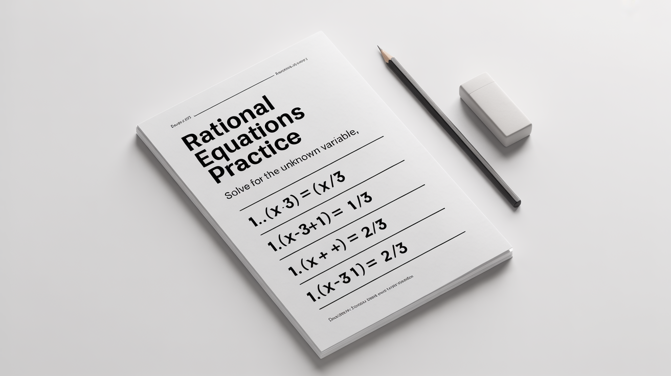A mockup of a high school math worksheet on rational equations, shown from a top-down perspective on a white background, with a pencil and eraser nearby.