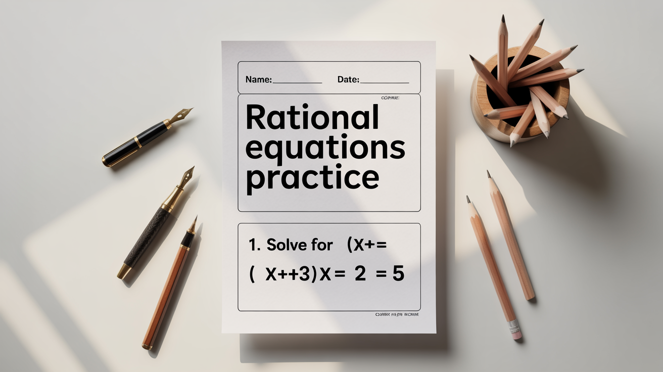 A clean and modern mockup of a high school math worksheet titled 'Rational Equations Practice', showing several algebraic problems on a white background.