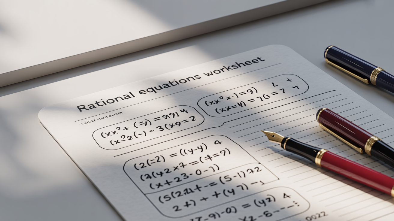A top-down photograph of a school math worksheet titled 'Rational Equations Worksheet', featuring several algebraic problems, resting on a clean white background.