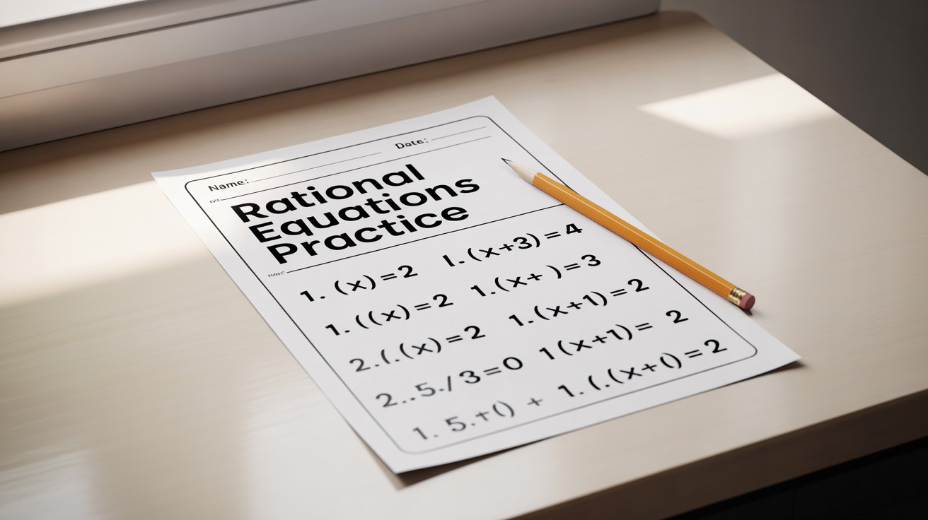A clean and modern mockup of a high school math worksheet focused on rational equations, shown on a white background with a pencil, representing a printable educational tool.