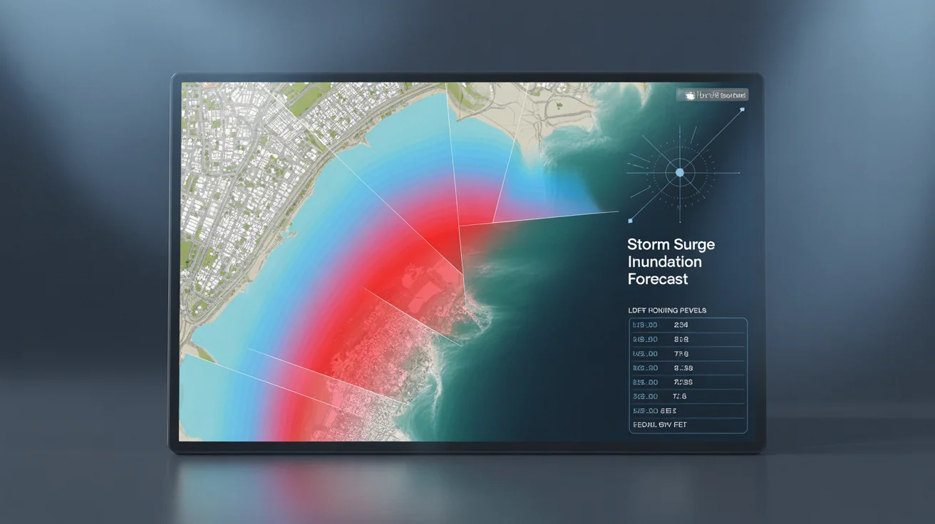 A professionally designed storm surge map showing a coastal city with color-coded areas indicating various levels of flood inundation, with a title that reads 'Storm Surge Inundation Forecast'.