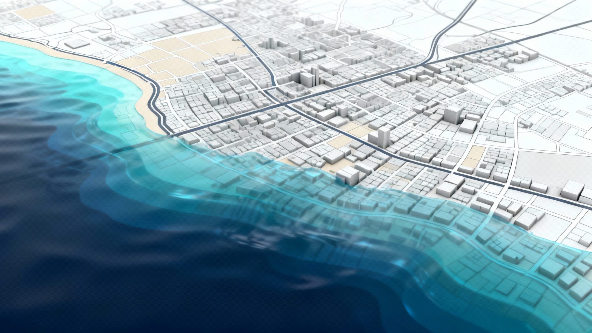 A modern, digital 3D map of a coastal city showing the potential flooding from a storm surge. The water depth is indicated by a color gradient from light cyan to deep blue, all set against a stark white background.