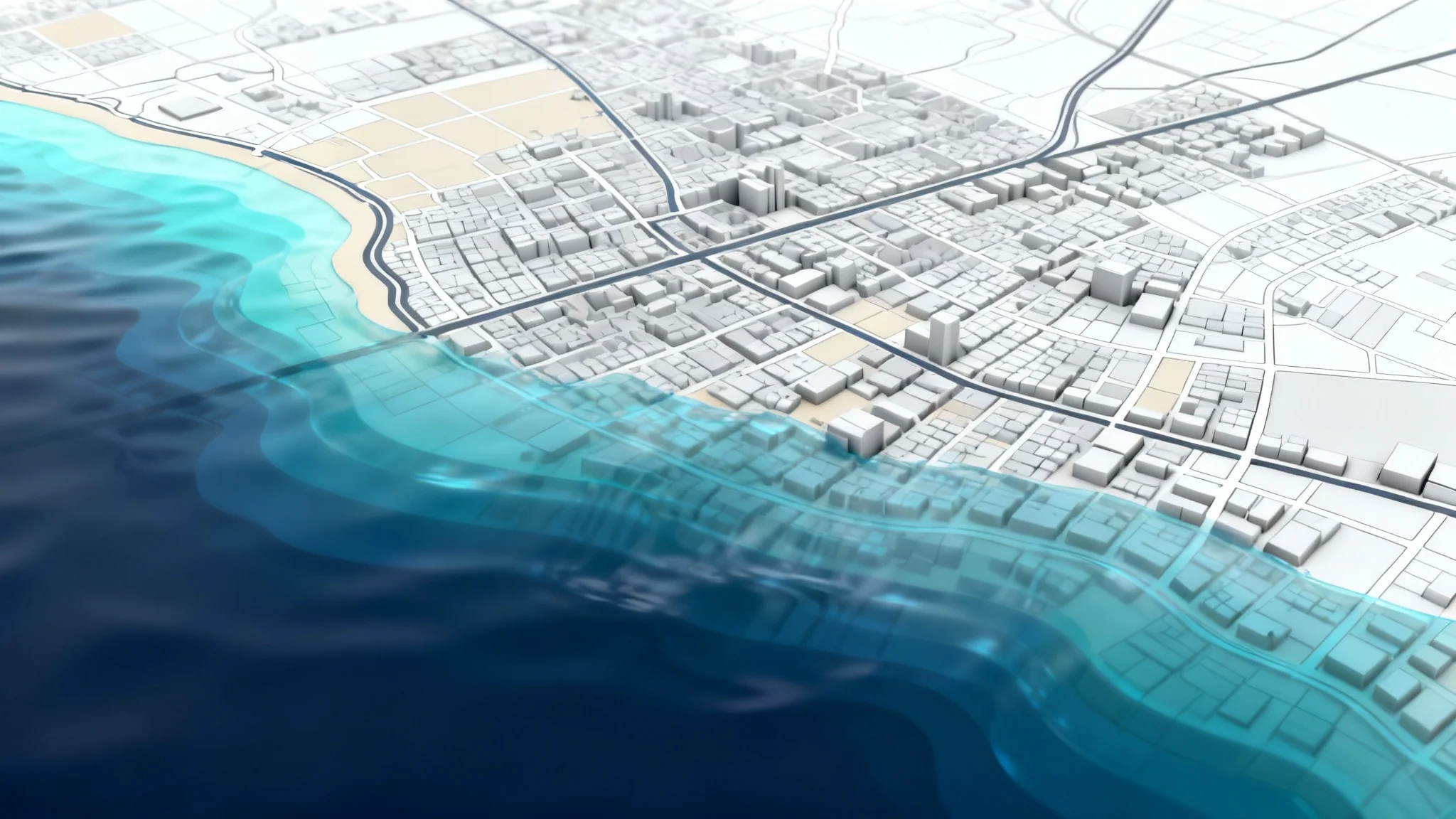 A modern, digital 3D map of a coastal city showing the potential flooding from a storm surge. The water depth is indicated by a color gradient from light cyan to deep blue, all set against a stark white background.