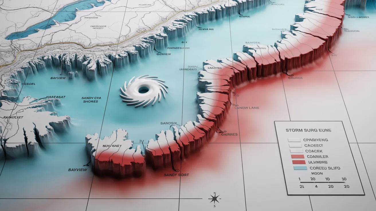 A modern mockup of a storm surge map showing a coastal area with potential flooding zones marked in a color gradient from blue to red, presented against a white background.