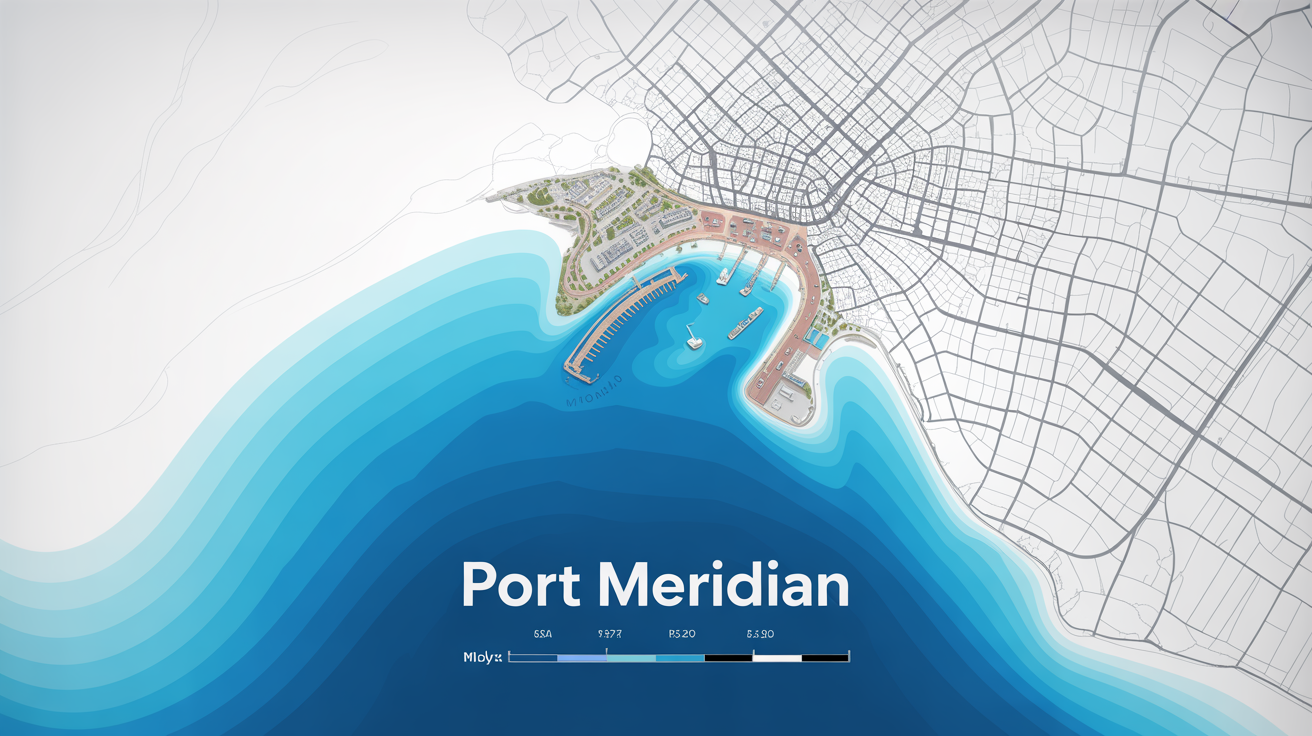 A detailed map of a fictional coastal city, 'Port Meridian', showing the projected flooding from a storm surge, with different shades of blue indicating the depth of the water in various neighborhoods.