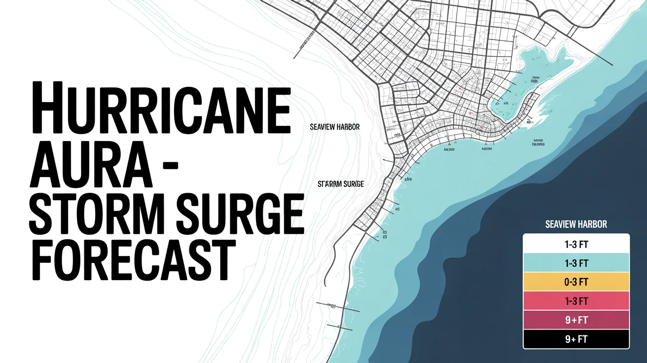 A detailed storm surge map mockup for a coastal city named Seaview Harbor, showing different color-coded zones of flood risk from a hurricane on a white background.