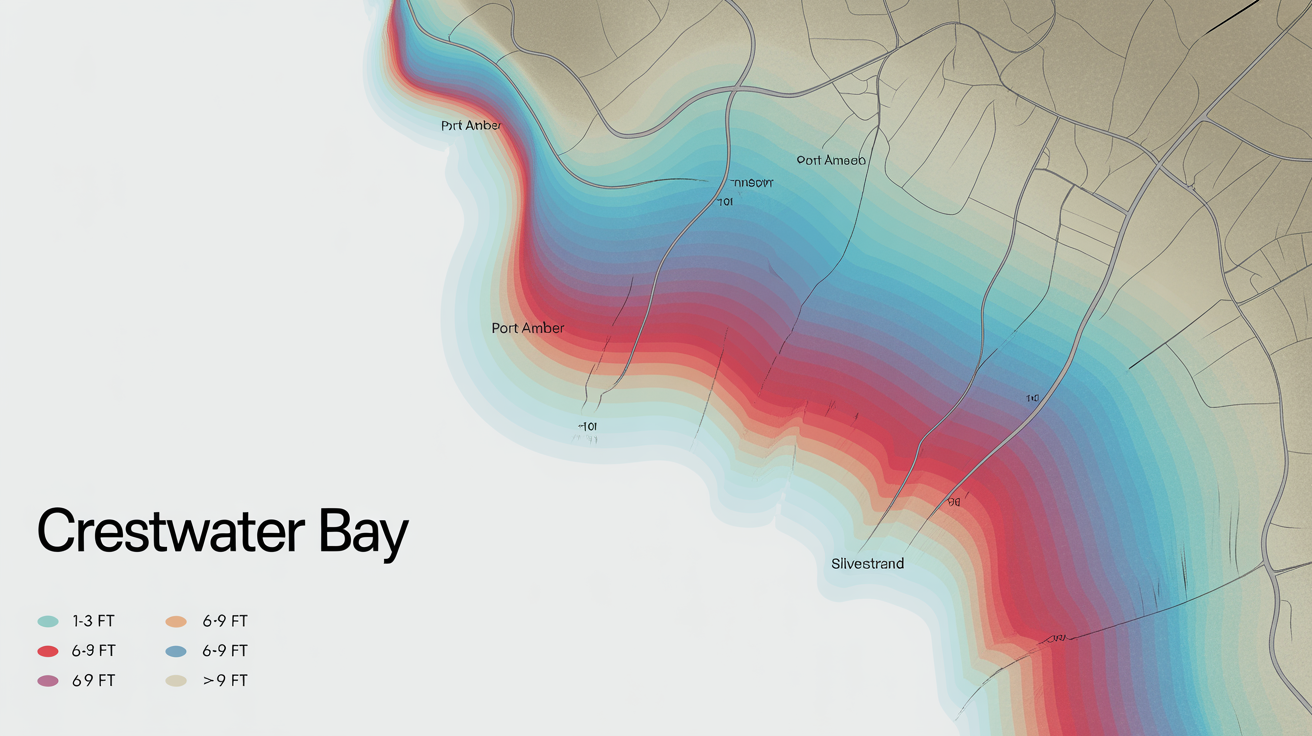 A detailed digital map mockup showing potential storm surge flooding along a fictional coastline, with vibrant color-coded zones indicating different levels of water depth and a clear legend.