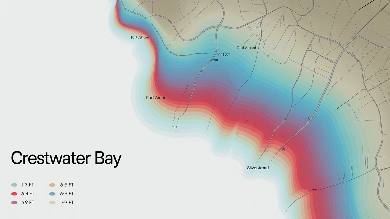 A detailed digital map mockup showing potential storm surge flooding along a fictional coastline, with vibrant color-coded zones indicating different levels of water depth and a clear legend.
