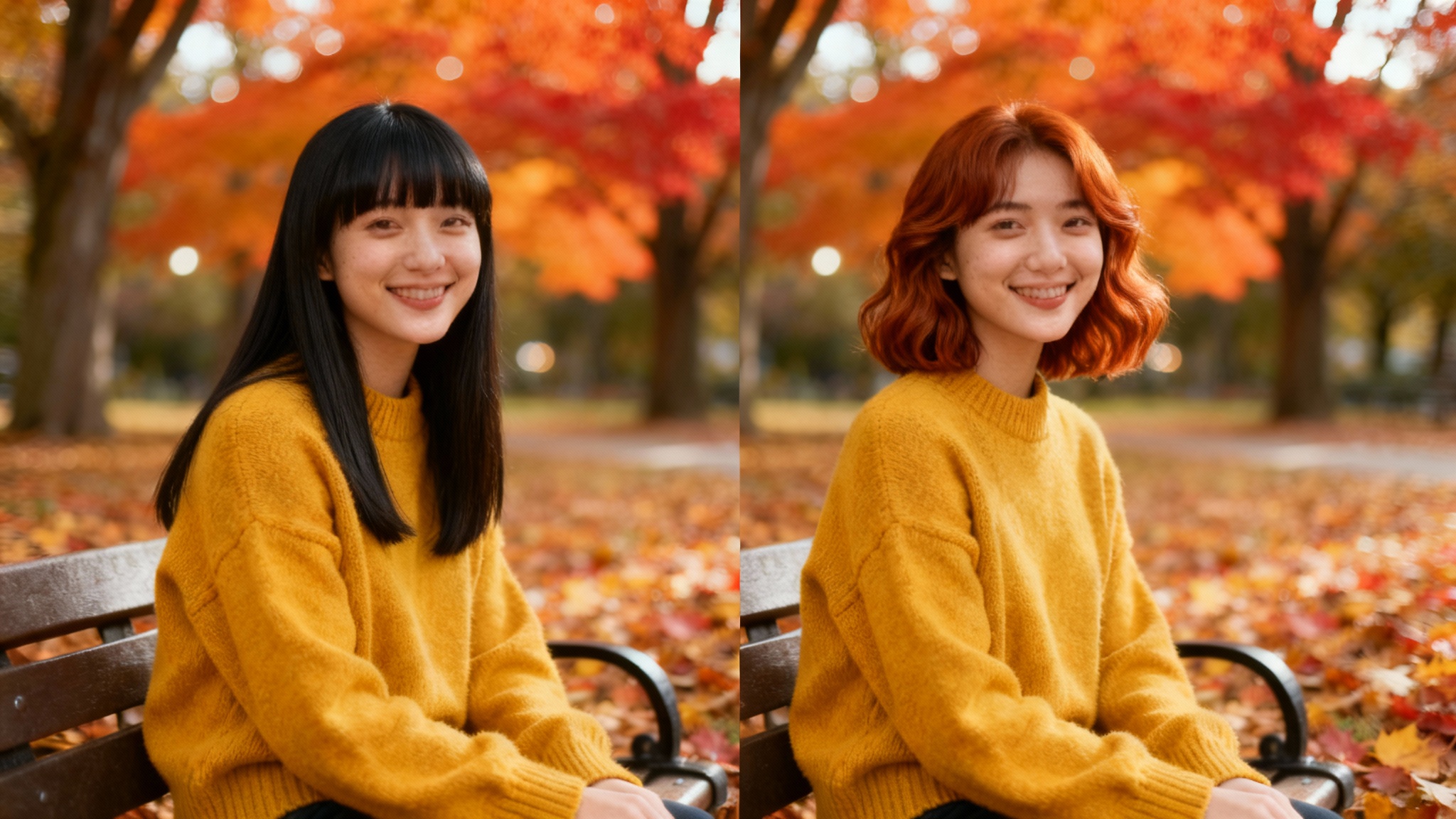 A split-screen image demonstrating a hairstyle change. The left side shows a woman with long black hair in an autumn park. The right side shows the same woman with a new wavy auburn bob hairstyle.