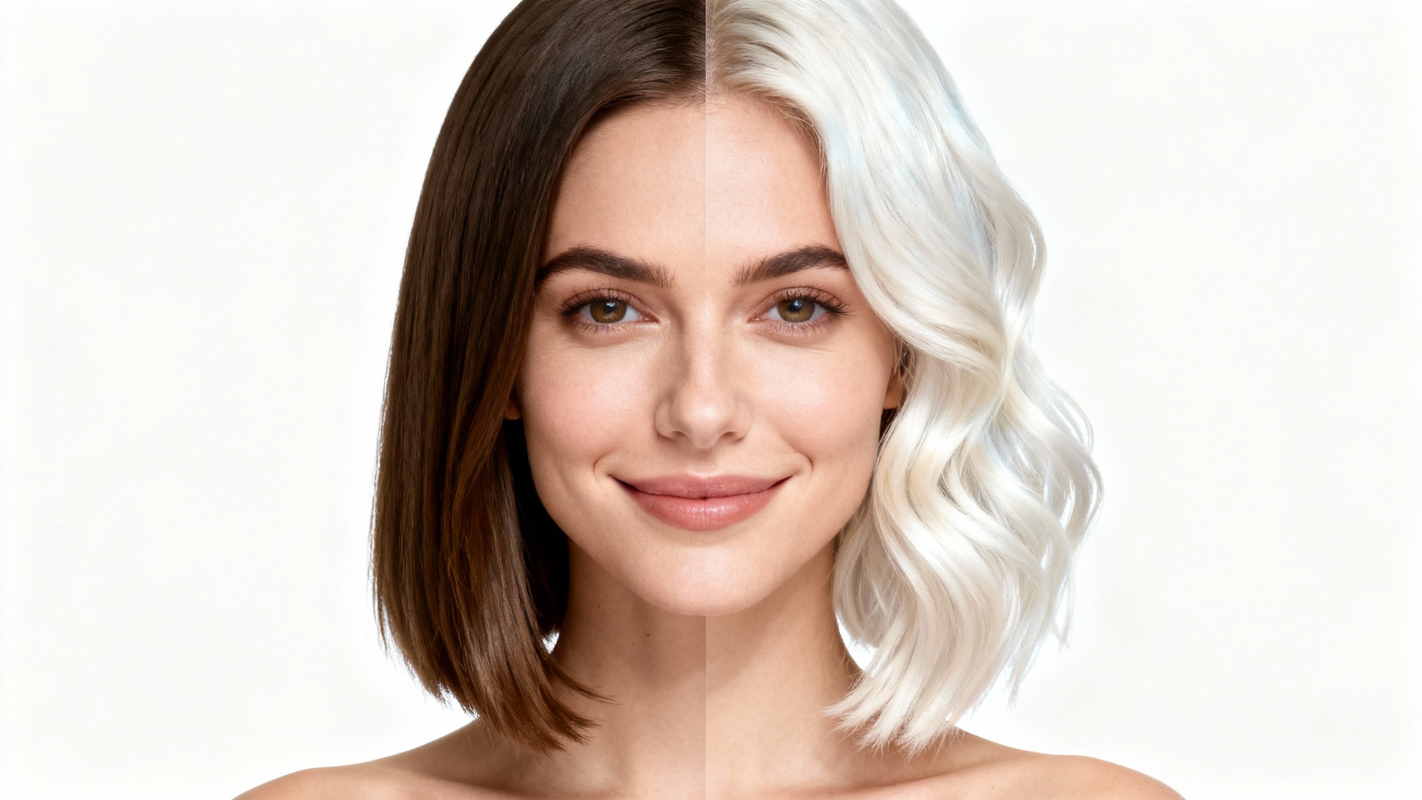 A composite image of a woman's face, split in half to show a before and after hairstyle change, from brunette to a platinum blonde bob, on a clean white background.