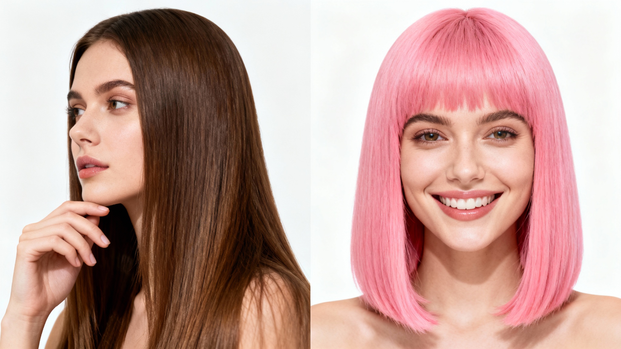 A before-and-after diptych showing a woman first with long brown hair, and then with a stylish short pink bob, representing a hairstyle try-on.