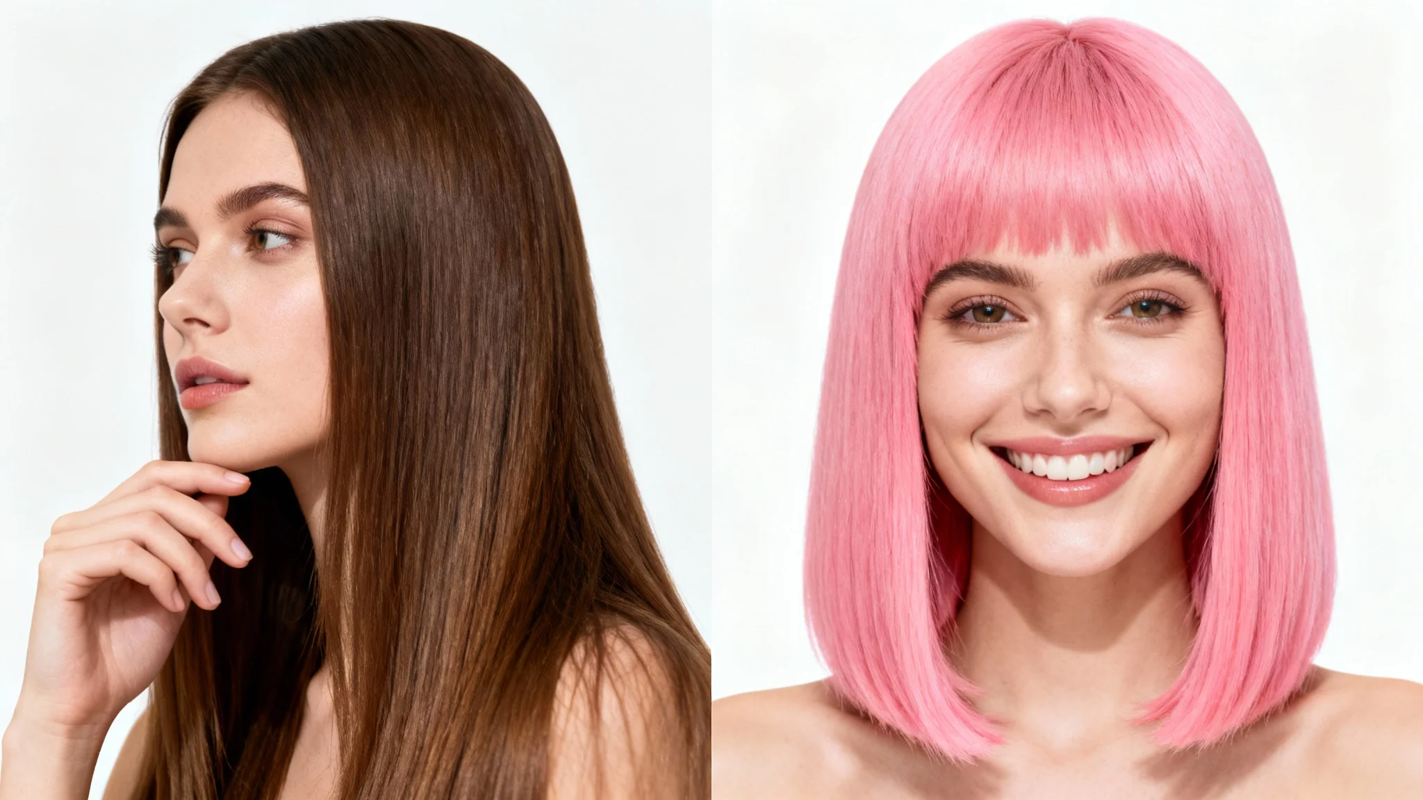 A before-and-after diptych showing a woman first with long brown hair, and then with a stylish short pink bob, representing a hairstyle try-on.