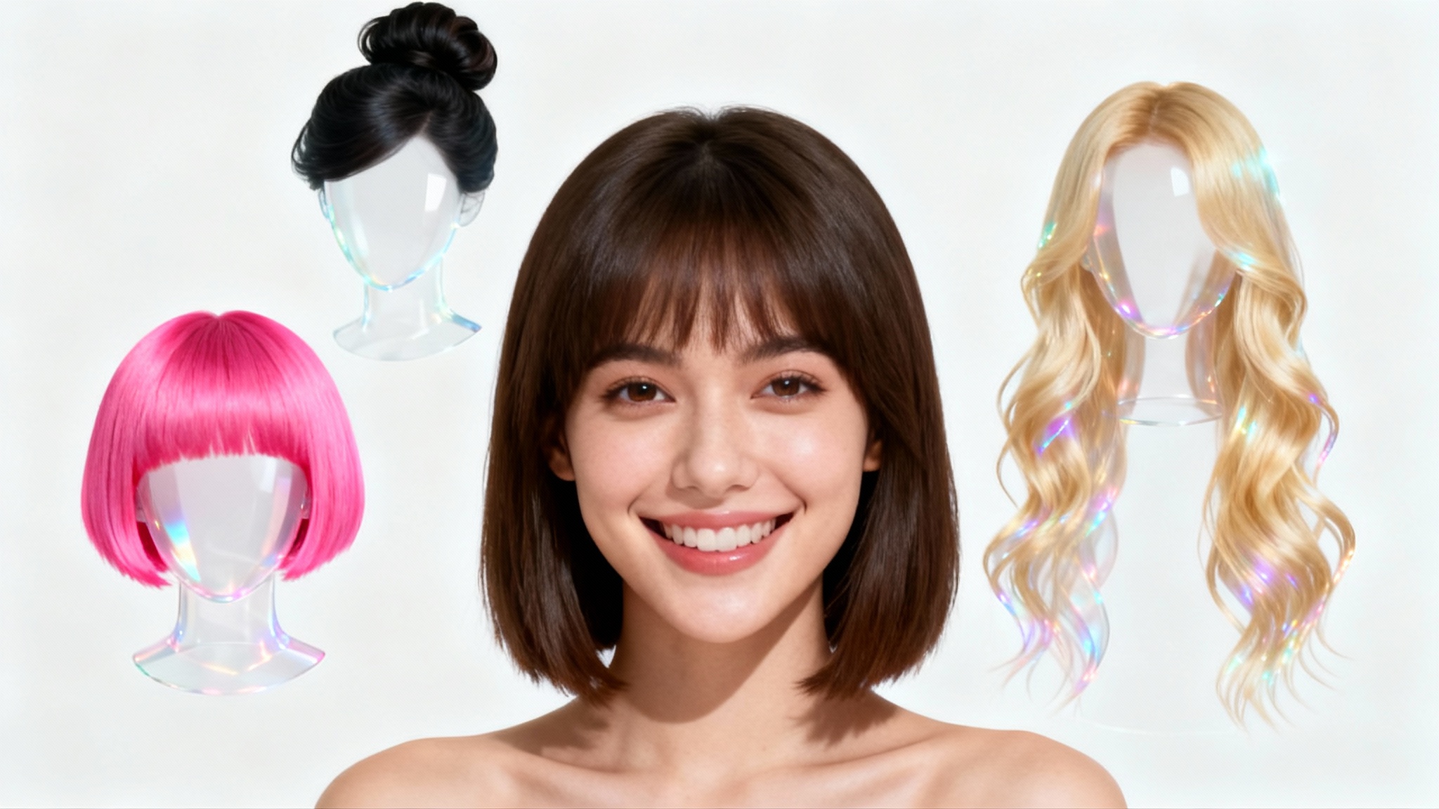 A smiling woman with a brunette bob is centrally featured, with holographic-style images of different hairstyles (a pink pixie cut, long blonde waves) floating around her head, demonstrating a hairstyle try-on concept against a white background.