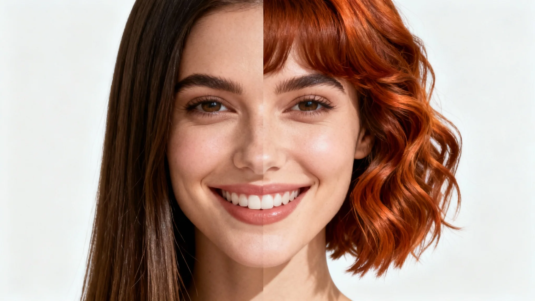 A photorealistic image of a woman's headshot, split in half to show a hairstyle transformation. One side shows her with long, straight brown hair, and the other shows her with a short, wavy copper bob, all against a plain white background.