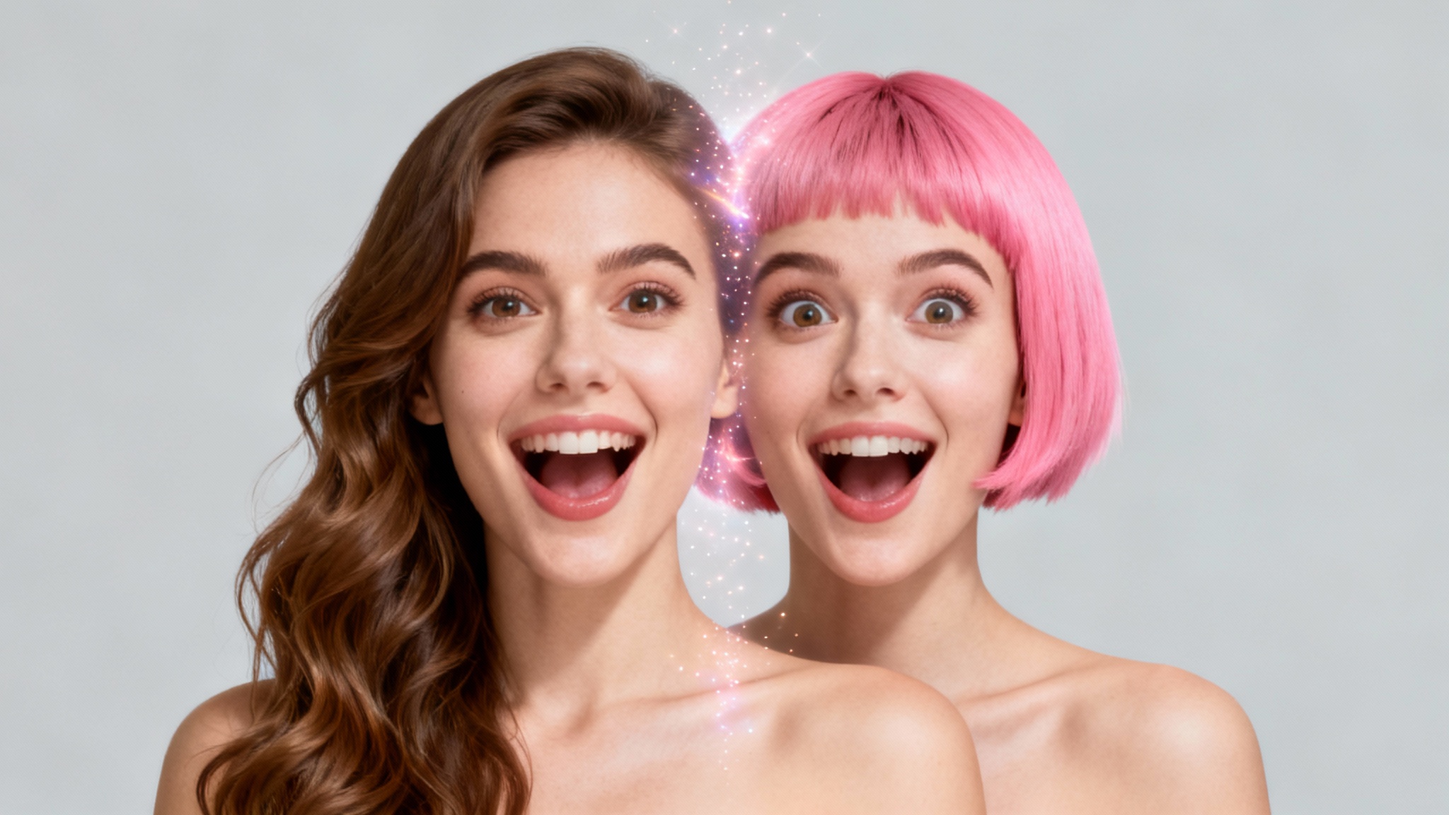 A woman with a joyful expression, showcasing a virtual hairstyle change with half of her hair long and brown and the other half a short, vibrant pink pixie cut, against a plain background.