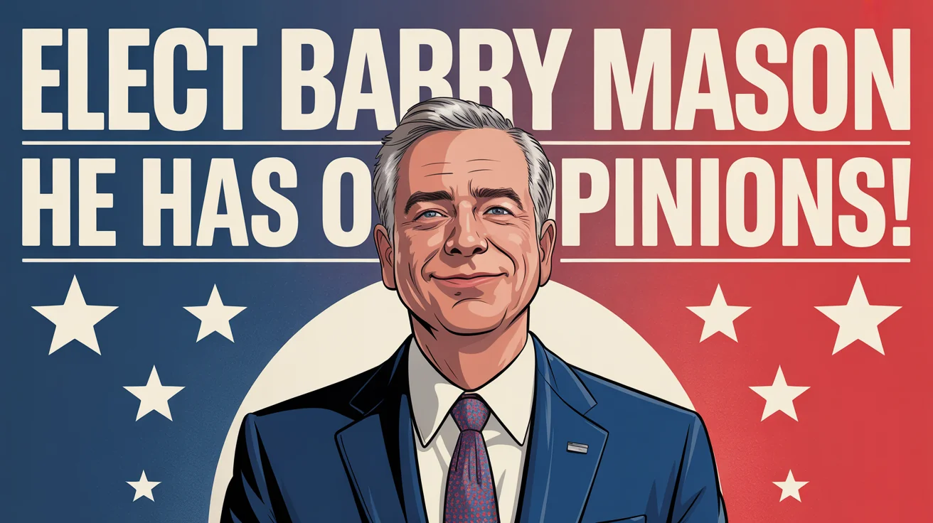 A humorous political satire poster for a fictional candidate named Barry Mason, with the slogan 'He Has Opinions!', demonstrating a final design output.