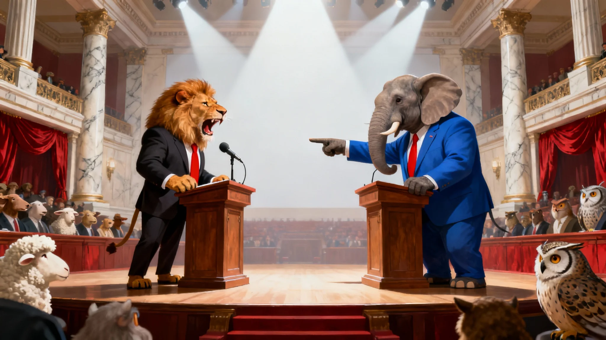 A satirical digital painting depicting a political debate between a lion and an elephant, both dressed in suits, shouting at each other from podiums on a grand stage.