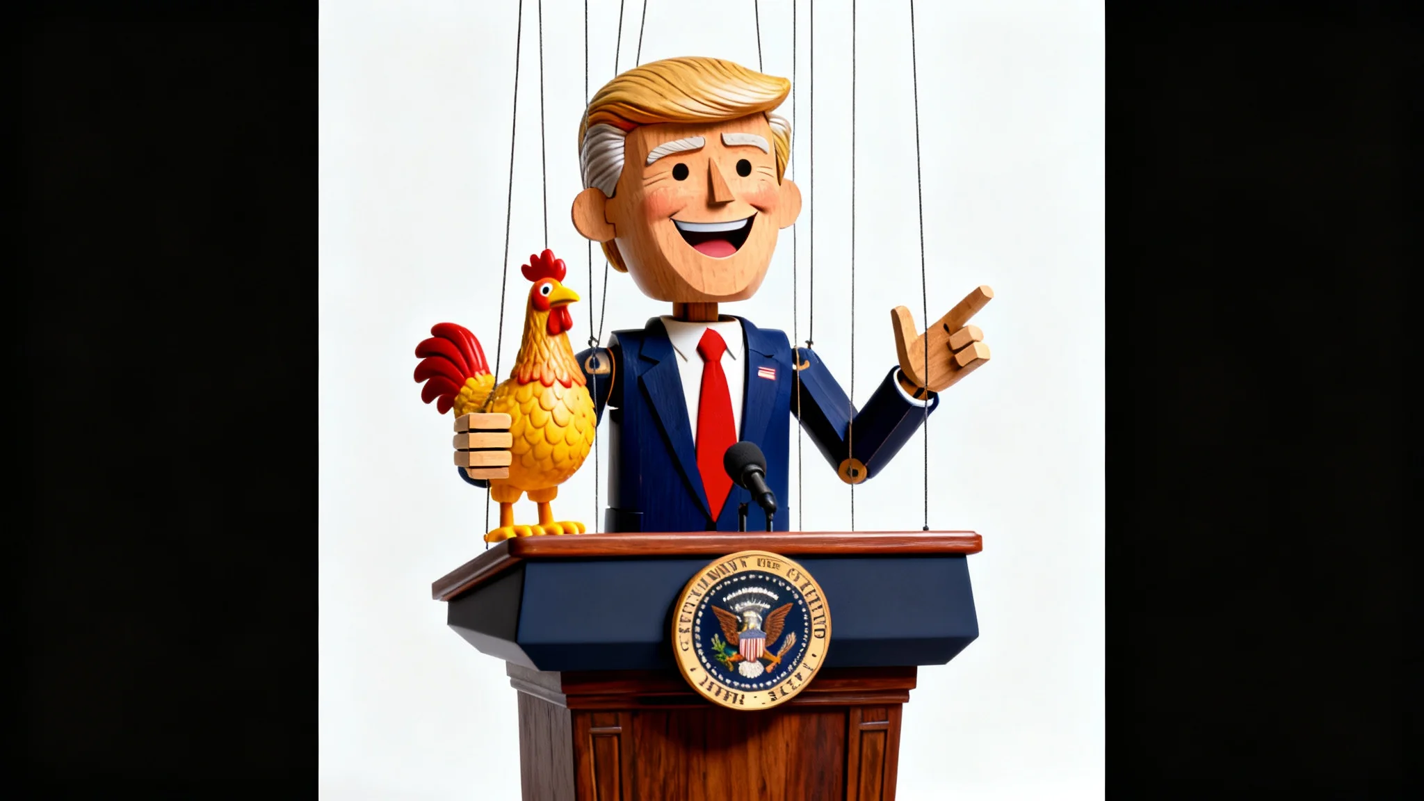 A satirical digital illustration of a politician depicted as a string puppet, giving a speech at a podium while holding a rubber chicken, on a clean white background.