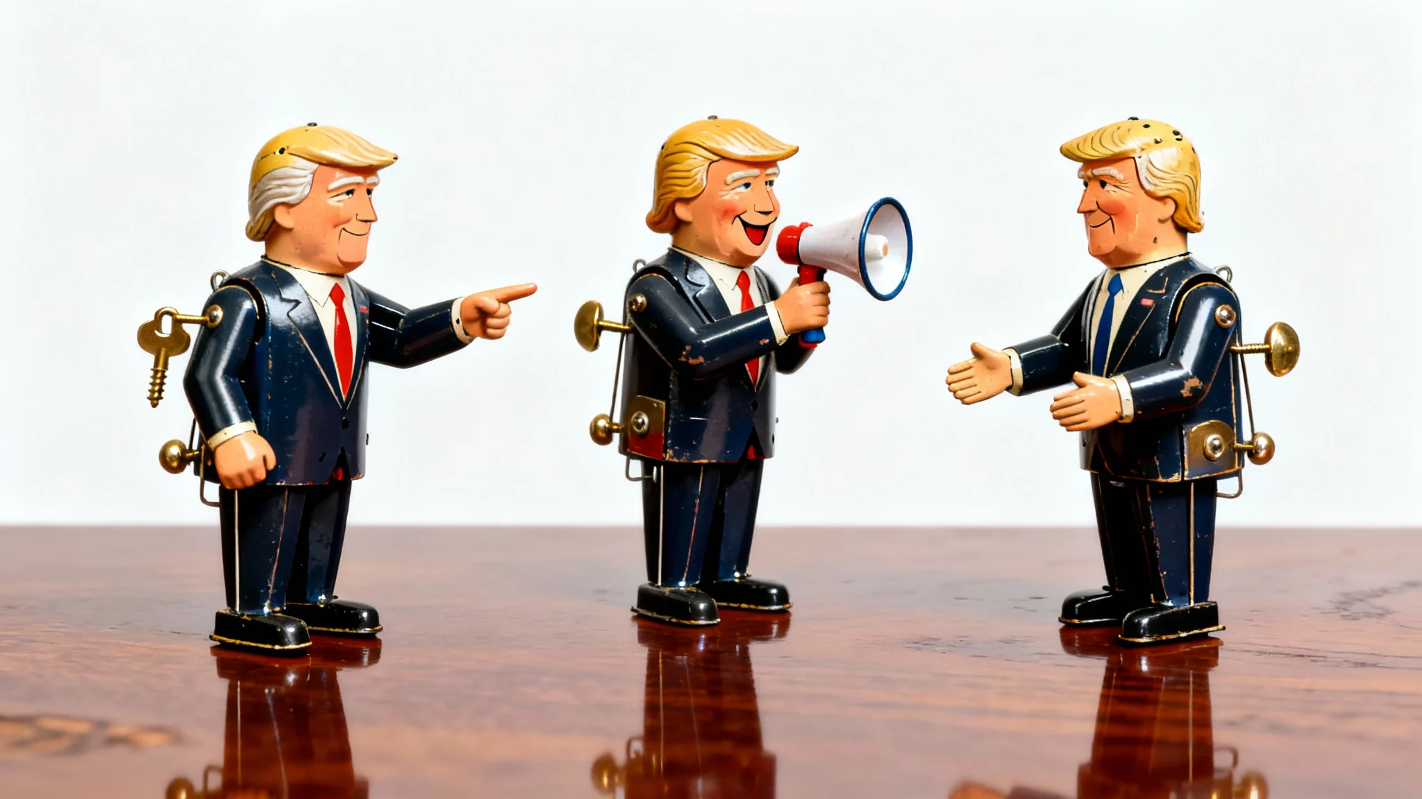 A satirical image depicting three wind-up tin toys dressed as politicians on a polished table against a white background, frozen in common political poses.