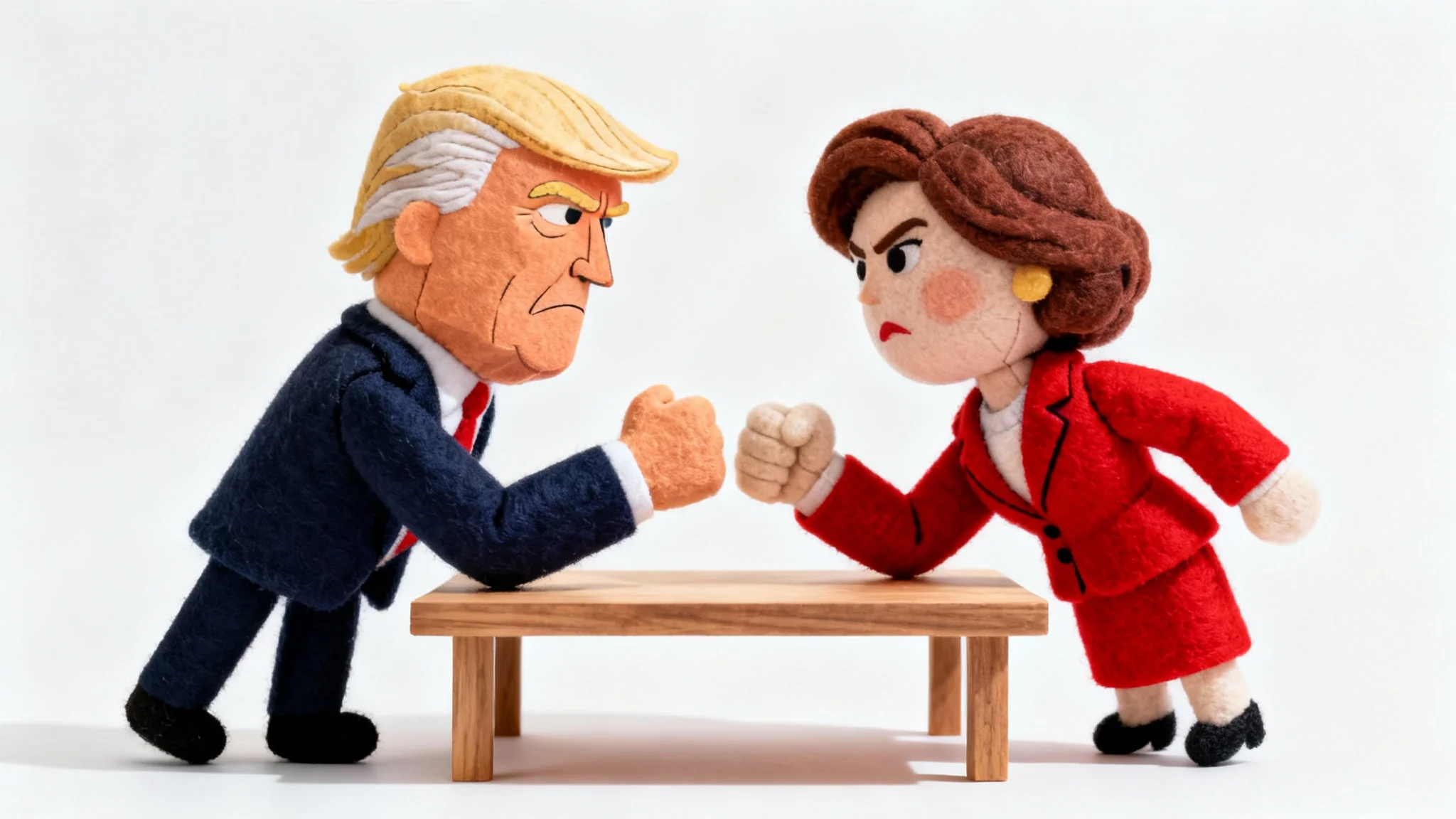 Two political hand puppets, a man and a woman in suits, engaged in a serious thumb war on a tiny stage, set against a clean white background to represent political satire.