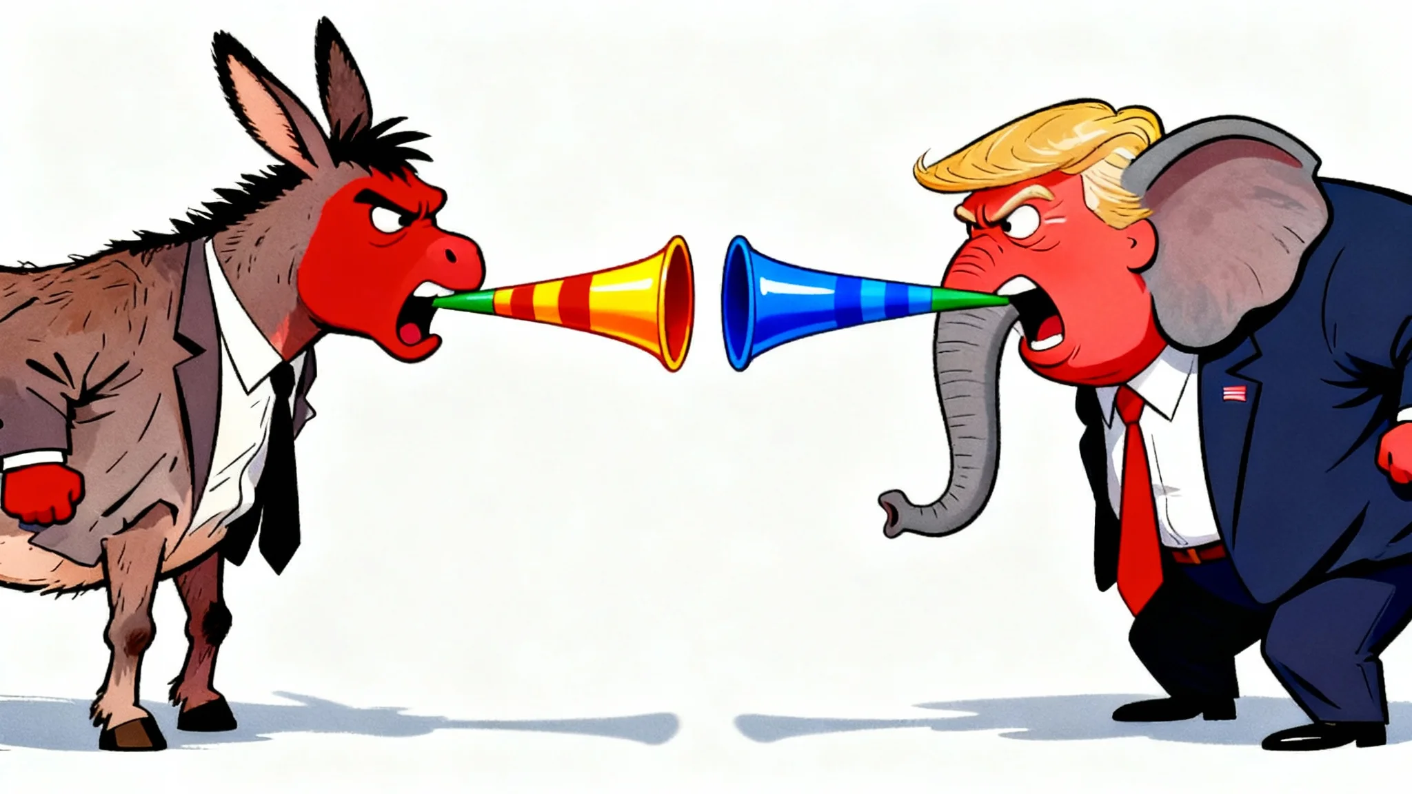 A political satire cartoon showing two politicians, one an elephant and one a donkey, arguing with clown horns coming out of their mouths instead of words.