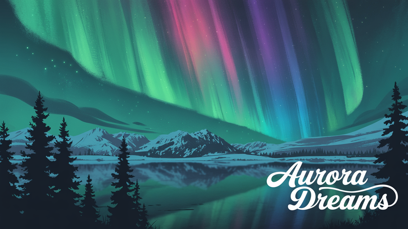 A stunning digital illustration of the northern lights over a snowy mountain landscape, with the words 'Aurora Dreams' in elegant white script in the lower right corner.