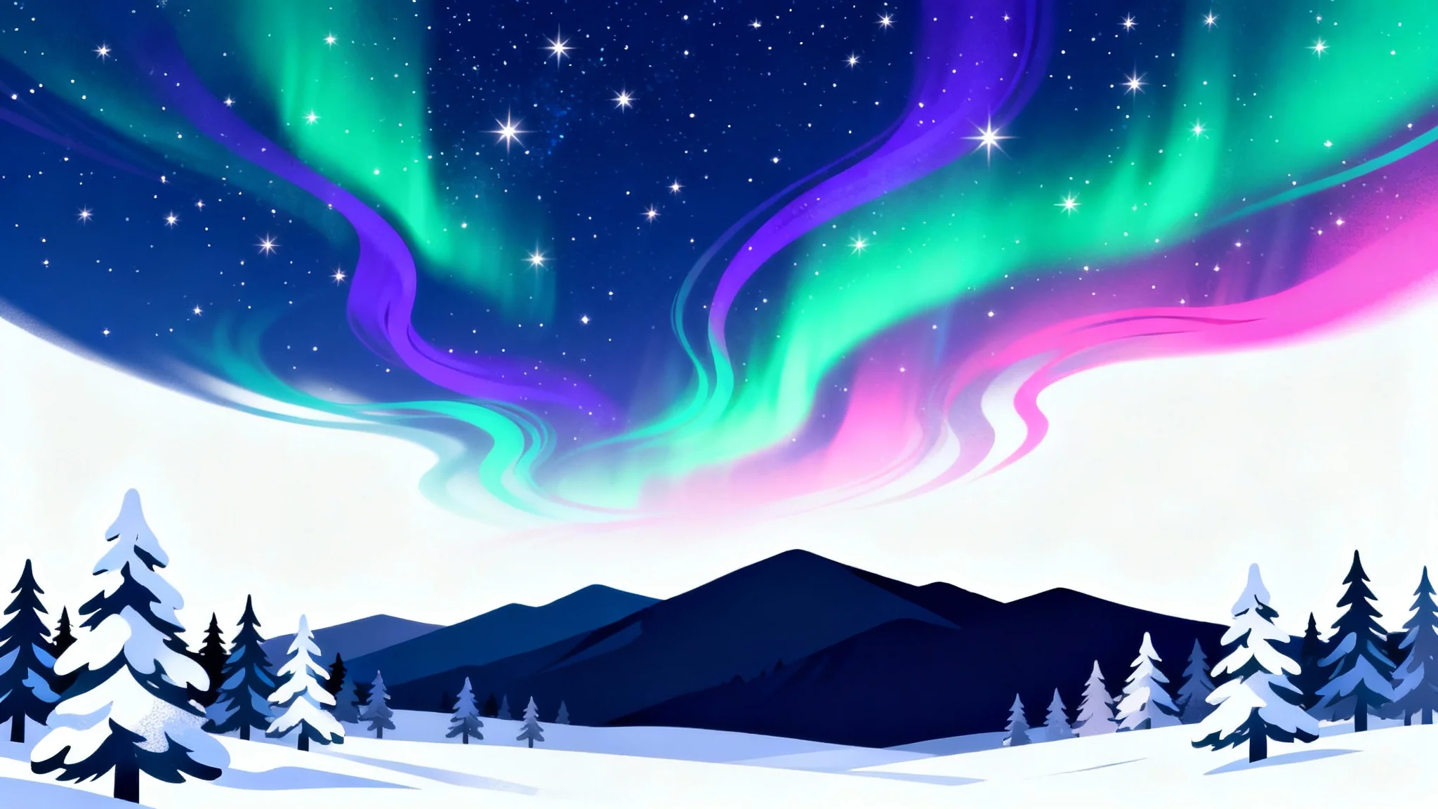 A vibrant digital illustration of the northern lights, with glowing green and purple ribbons of light dancing in a starry night sky above a silhouetted forest and mountains.
